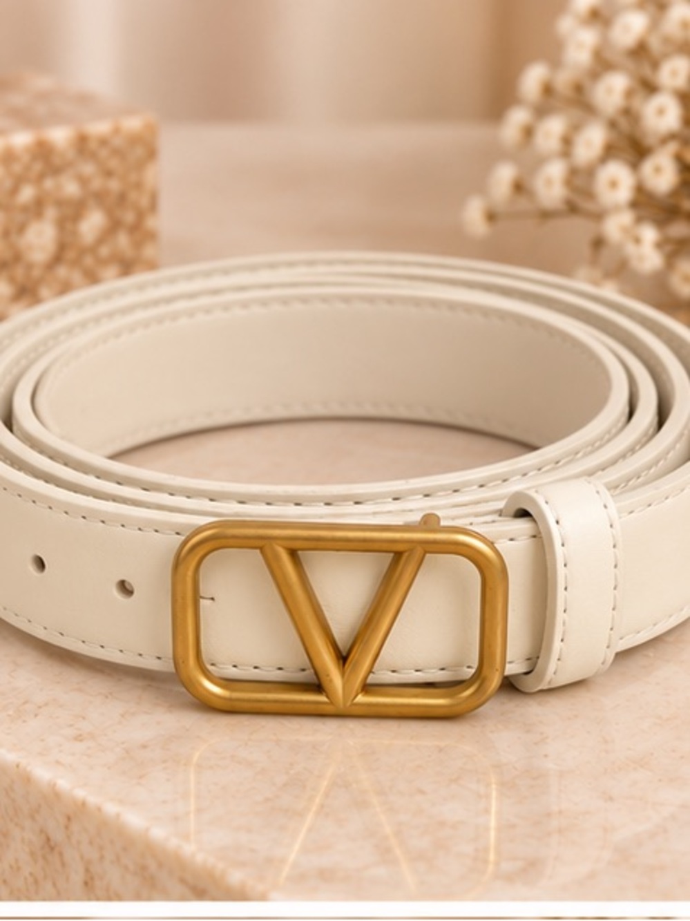 Designer Inspired Ivory Belt Gold V Statement Buckle